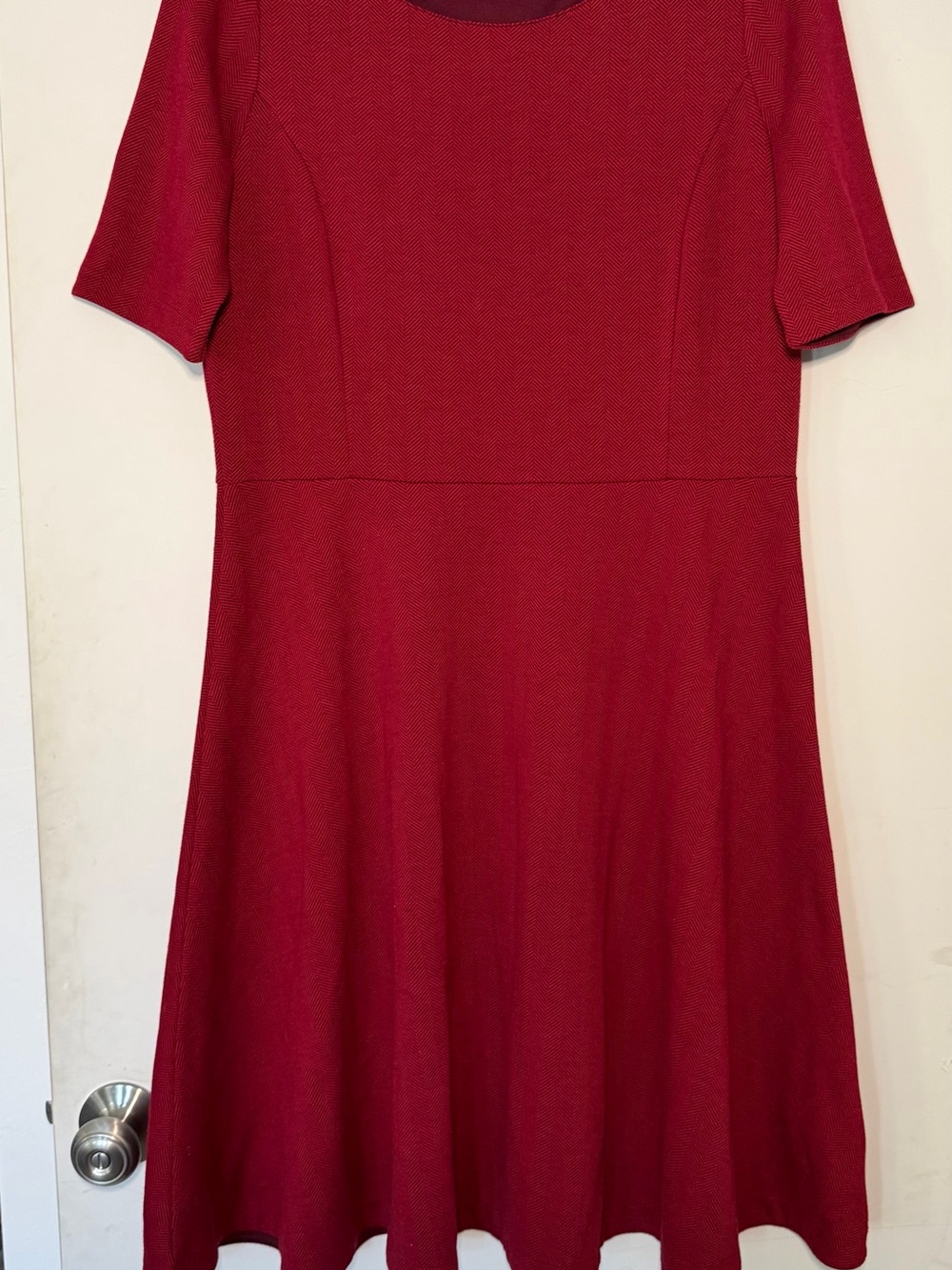 Red Herringbone Pattern Fit and Flare Midi Dress